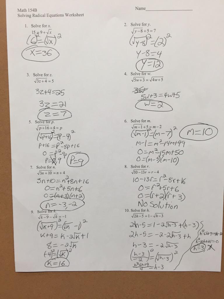 Mr Clark On X Algebra 2 Solving Radical Equations Worksheet Http t co a6HpBdU3WX X