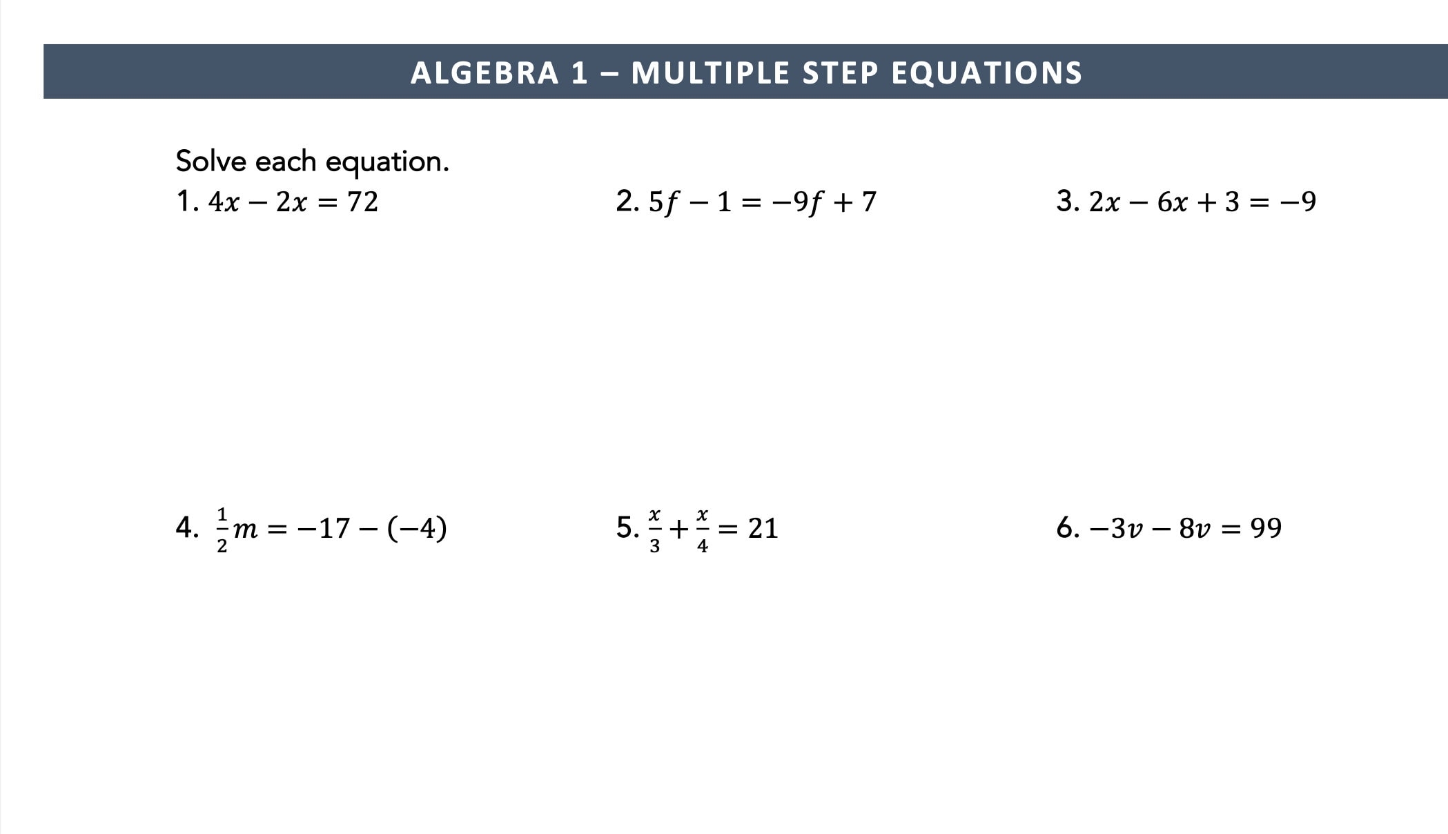 multi step equations worksheet