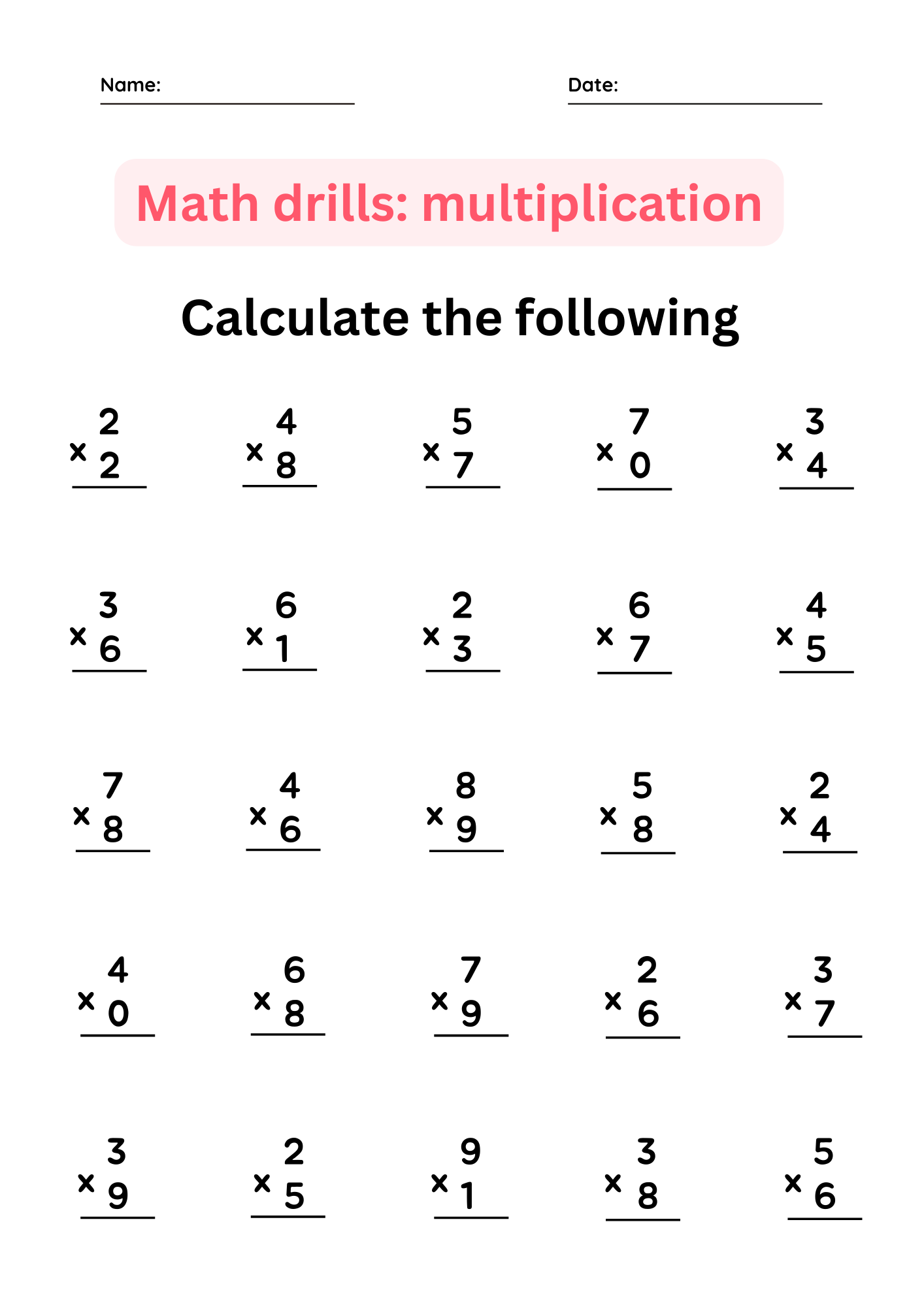 Multiplication Facts Fluency Practice Basic Math Worksheets For Grade 1 2 3 Teaching Resources