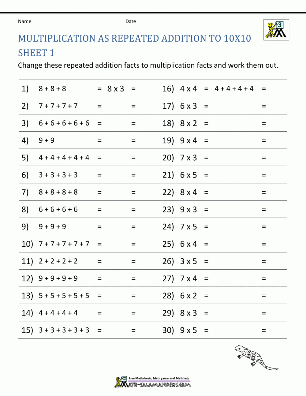 free math facts worksheets