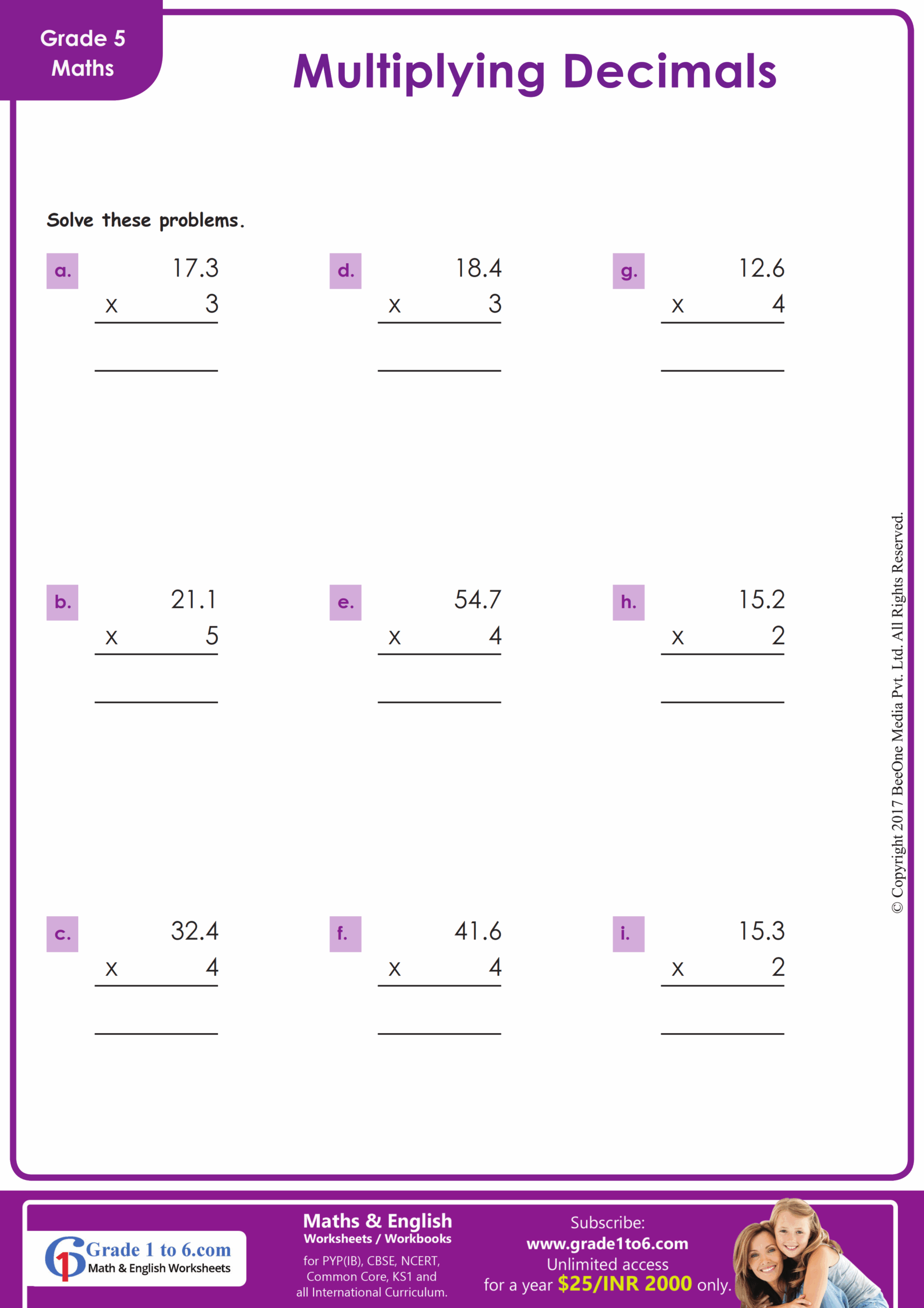 Multiplication Of Decimals Worksheet Grade1to6