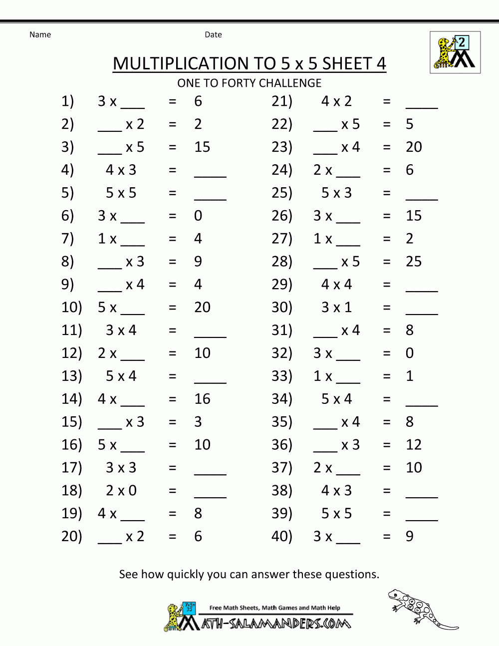 Multiplication To 5x5 Worksheets For 2nd Grade 5F5