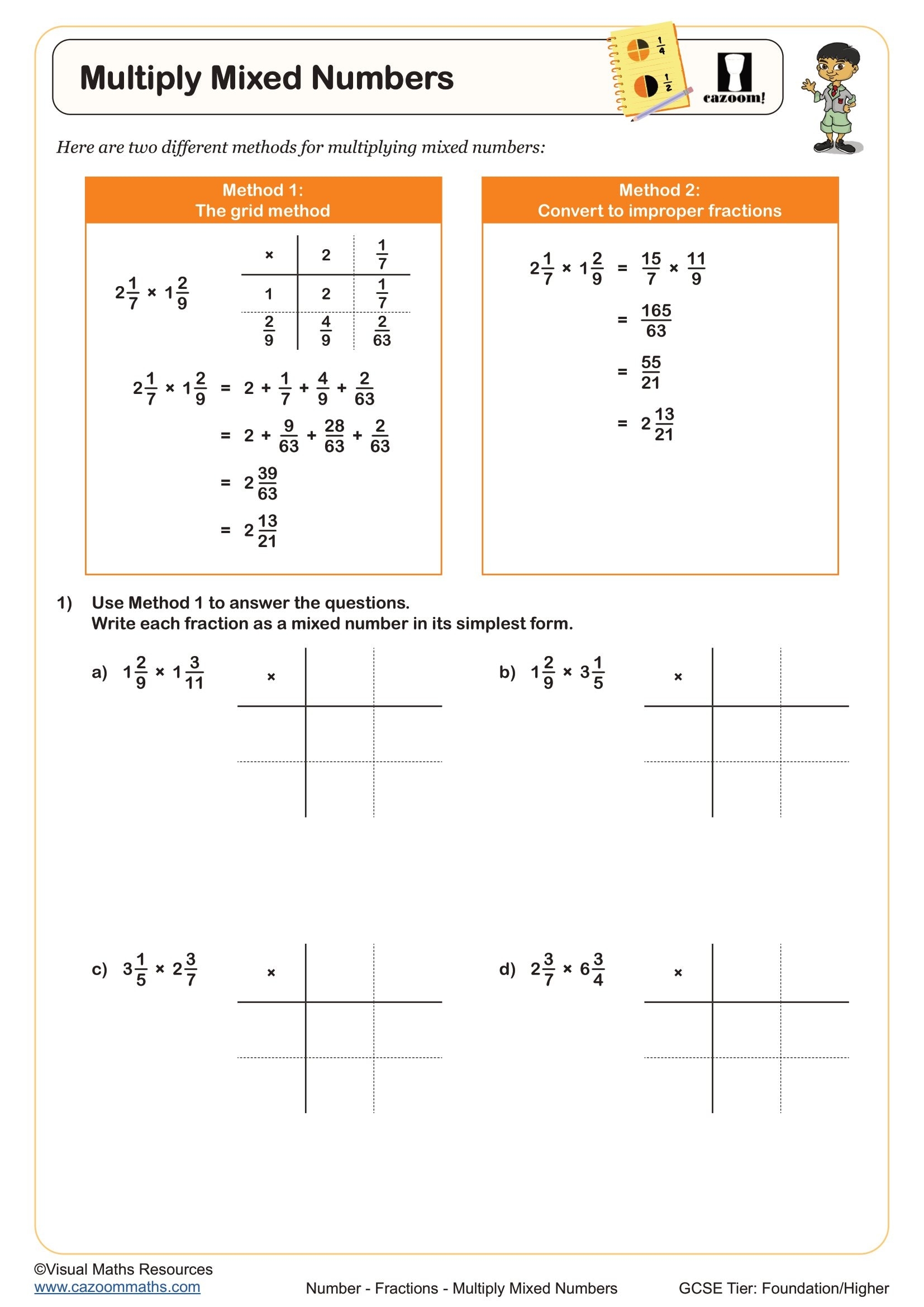 Multiply Mixed Numbers Worksheet Printable PDF For Year 8 And Year 9 And Year 10 Number Worksheet