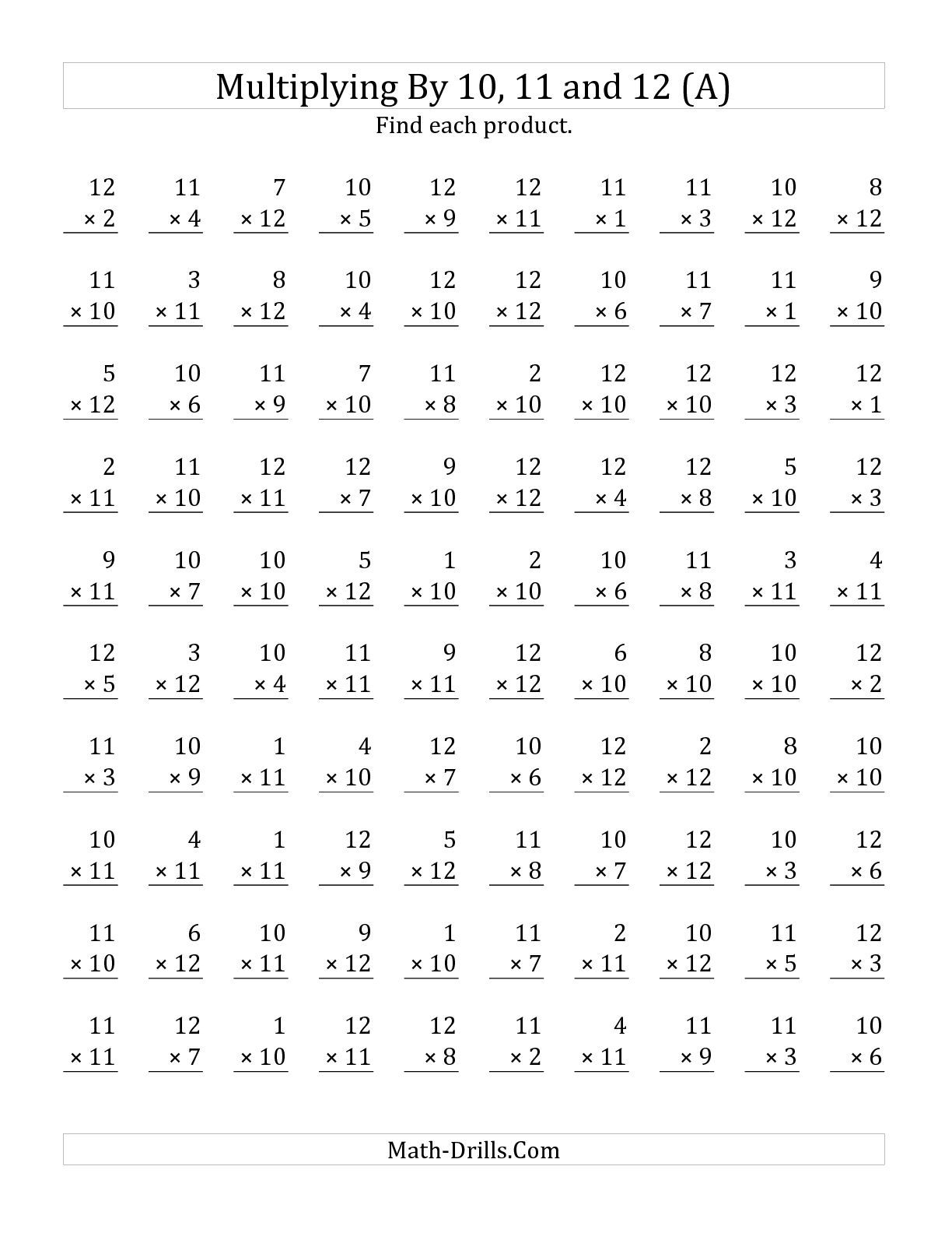 Multiplying 1 To 12 By 10 To 12 100 Questions A 