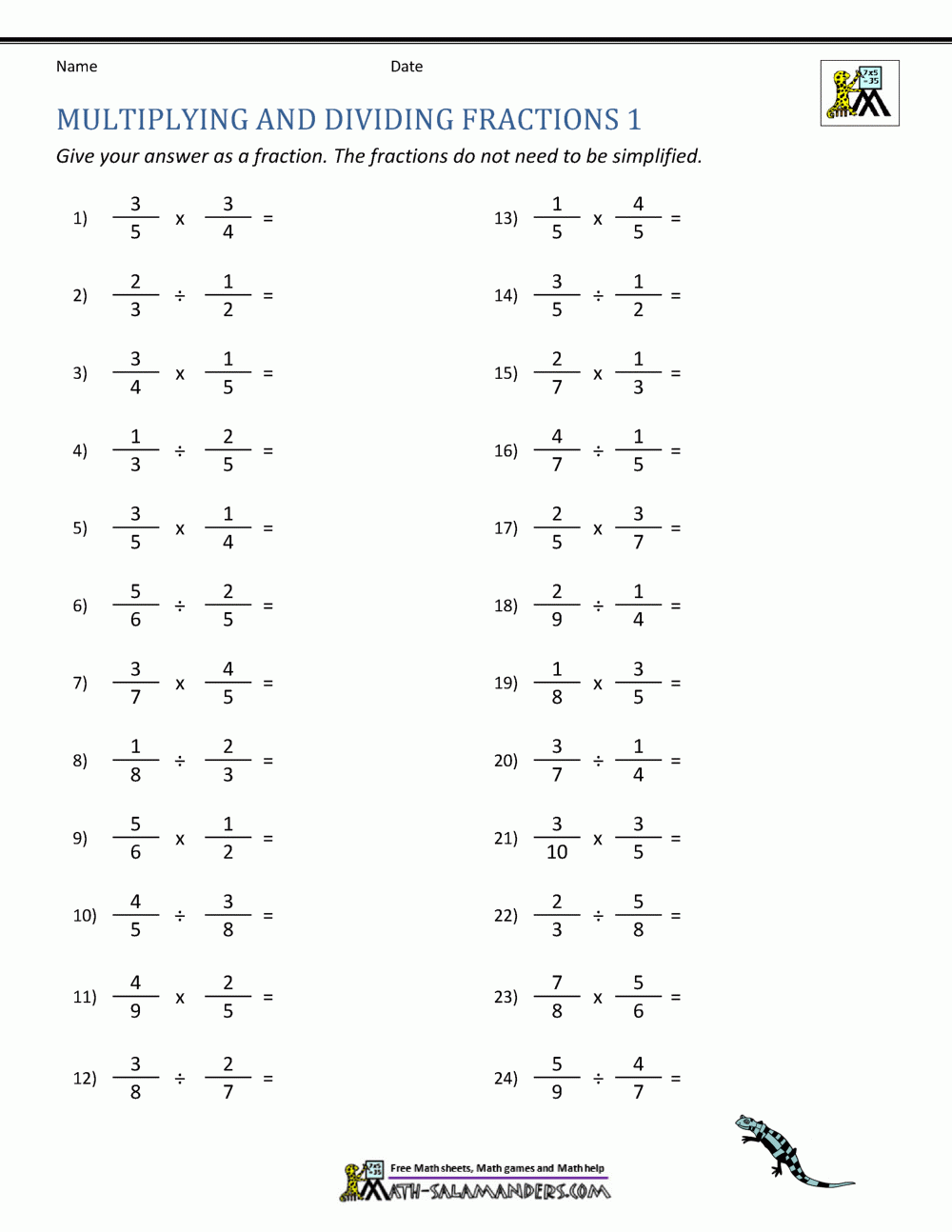 Multiplying And Dividing Fractions Worksheet For Grade 1