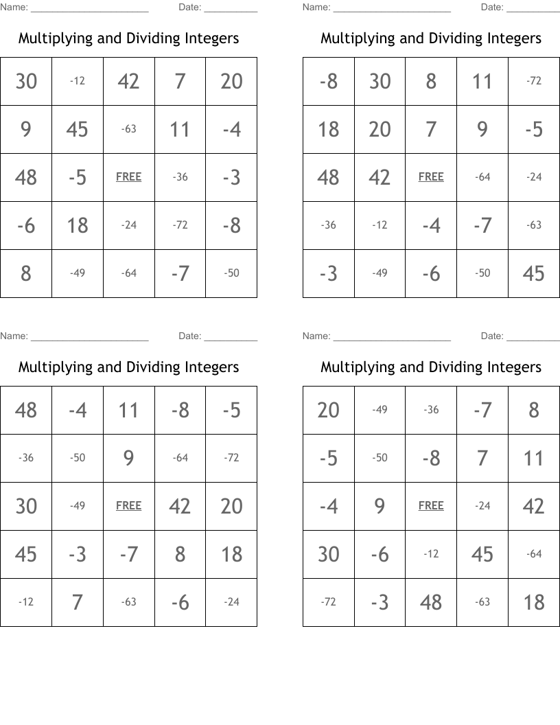 Multiplying And Dividing Integers Bingo Cards WordMint