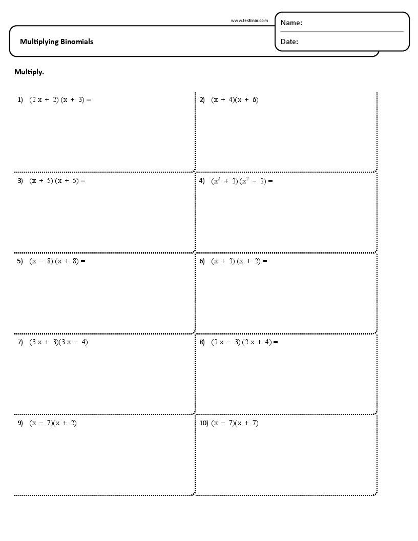 Multiplying Binomials Worksheets