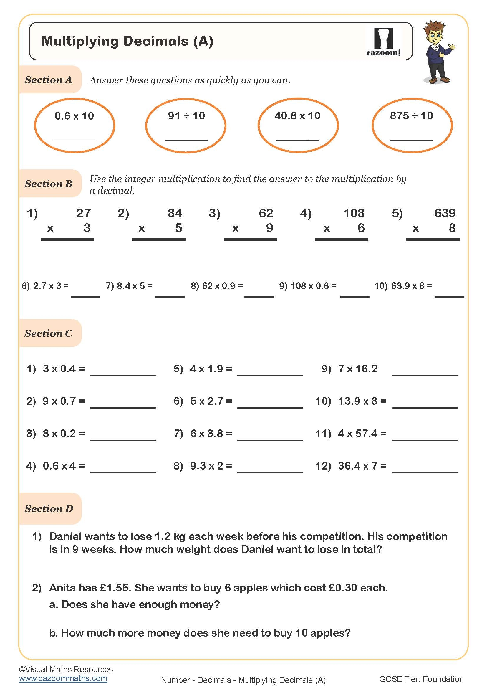 Multiplying Decimals A Worksheet Cazoom Maths Worksheets Multiplying Decimals A Worksheet Cazoom Maths Worksheets