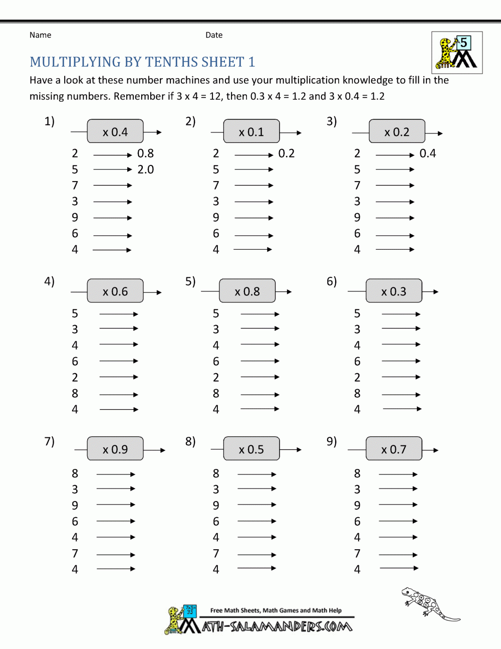 multiply decimals worksheet