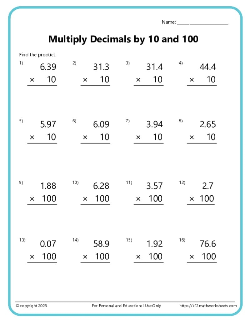 Multiplying Decimals Worksheets