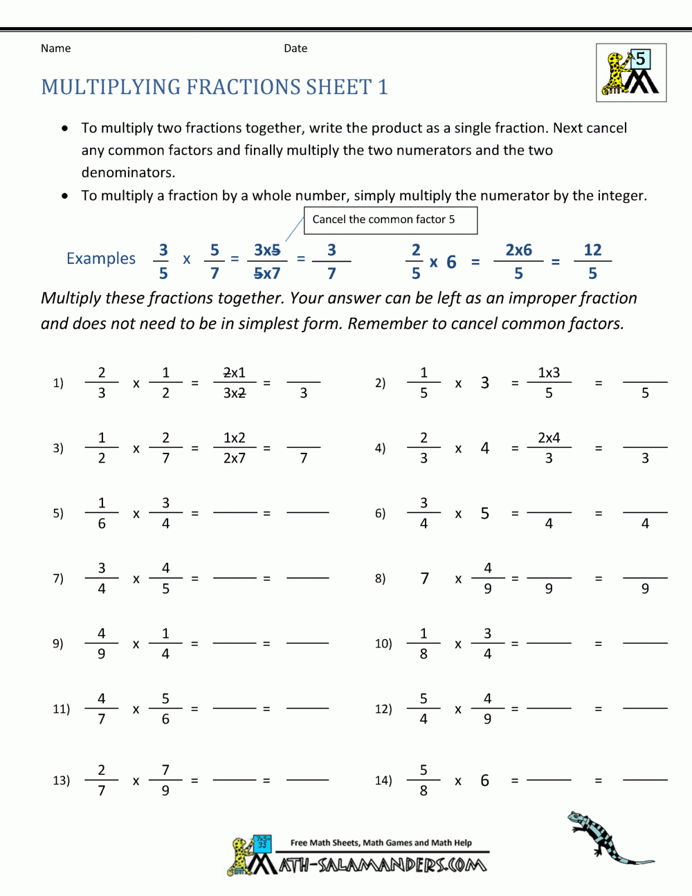 multiplication of fractions worksheets