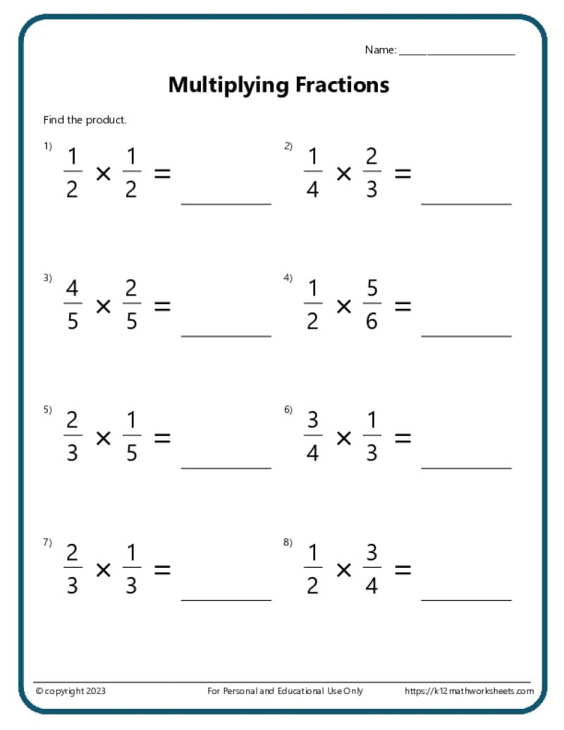 Multiplying Fractions Worksheets