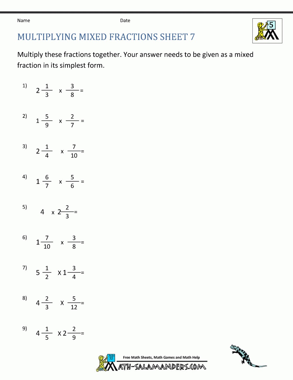 fraction multiplication worksheet
