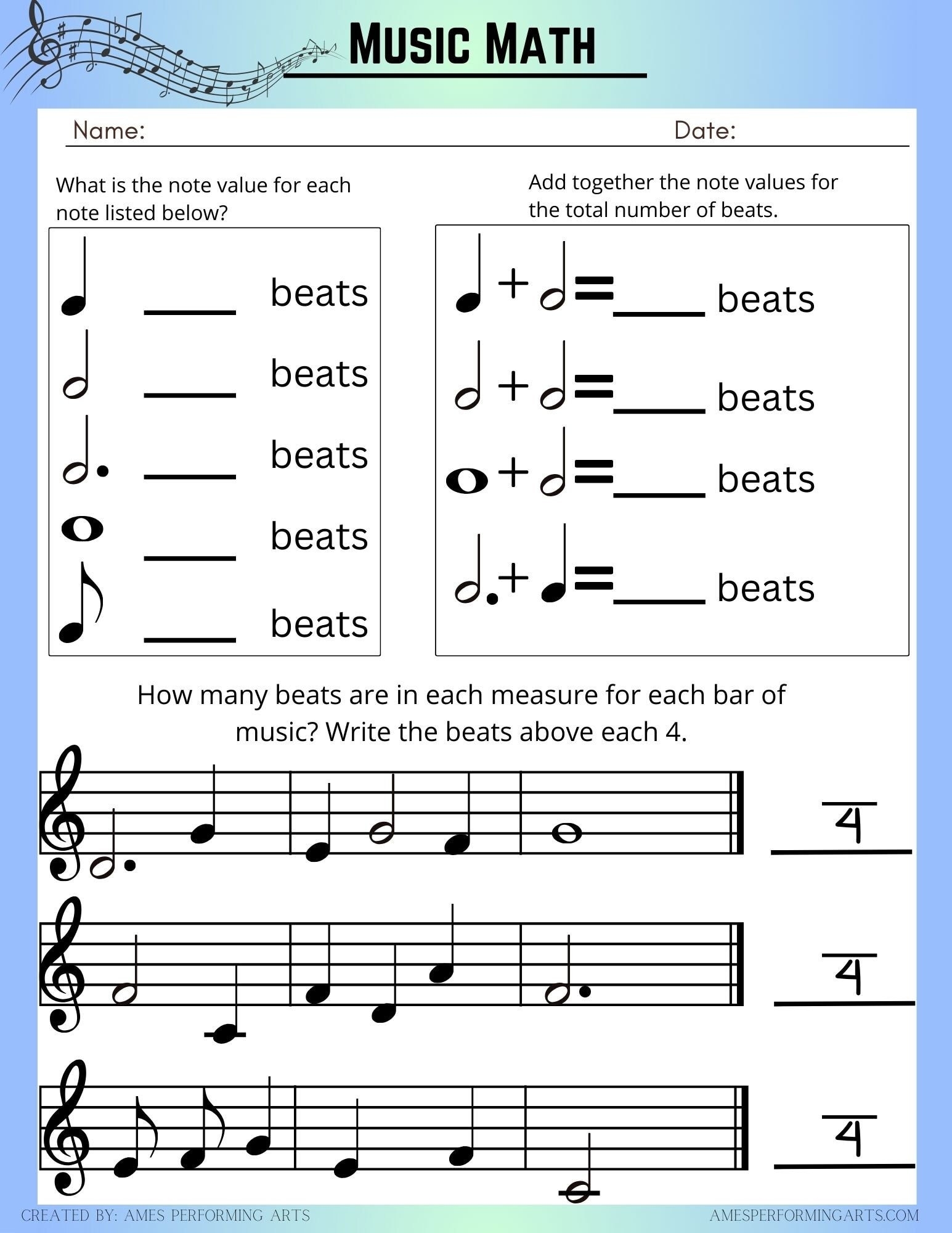 Music Math Worksheet Etsy