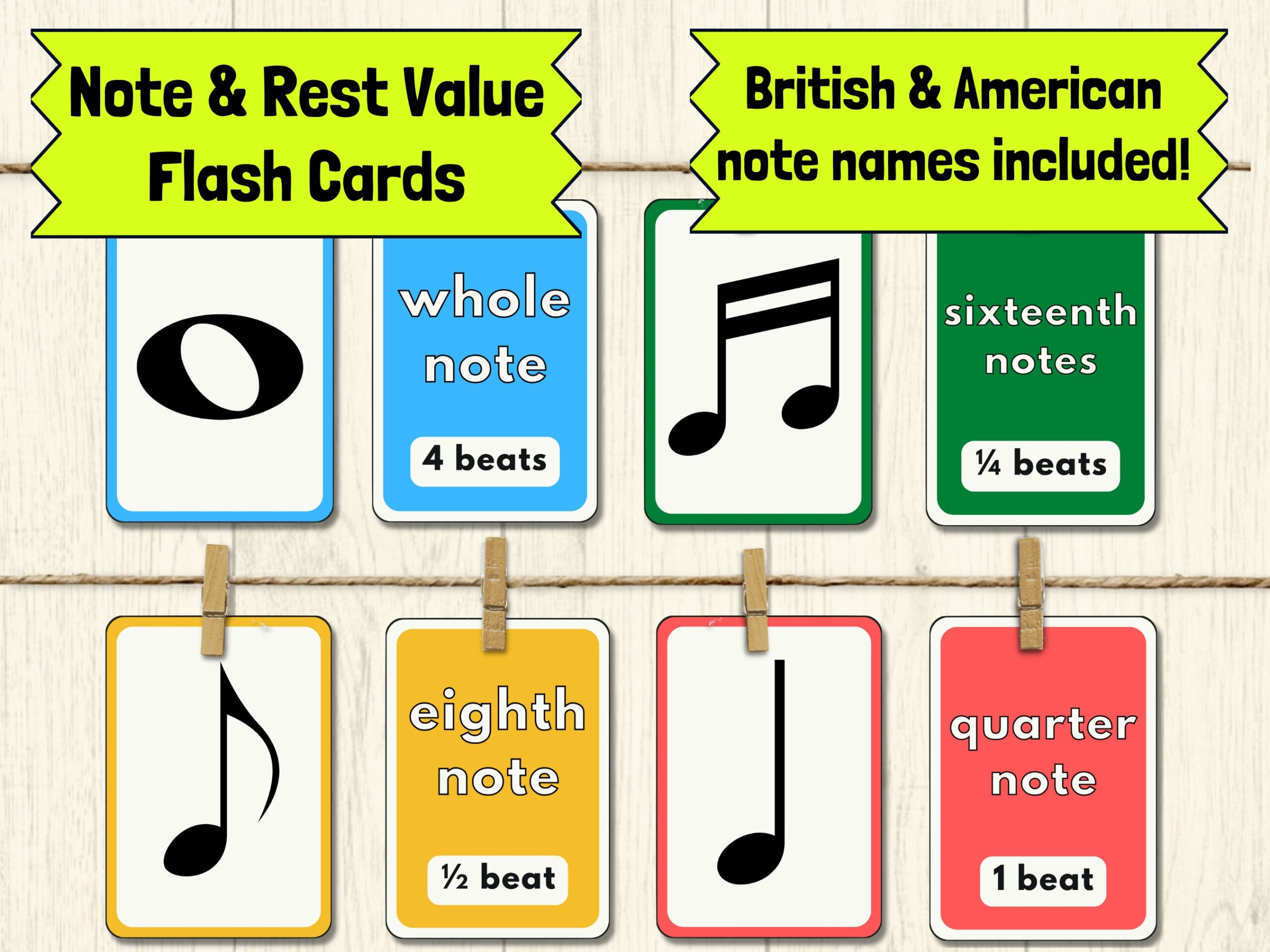 Music Note Rest Value Flashcards American And British Note Names 28 Single Or Double sided Flash Cards 2 Sizes DIGITAL DOWNLOAD Etsy