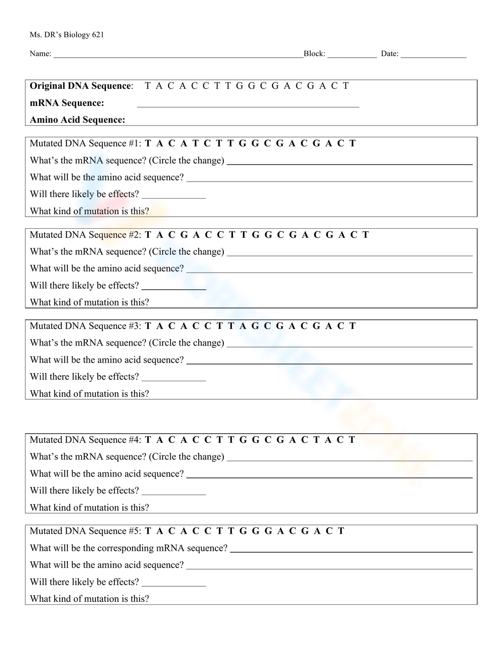 mutations worksheet answer key