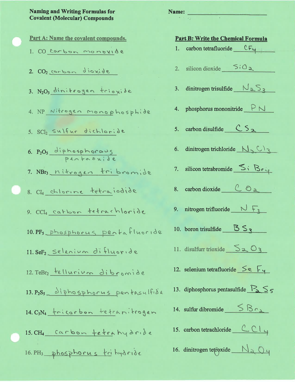 Naming And Writing Covalent Compounds And KEY Worksheet
