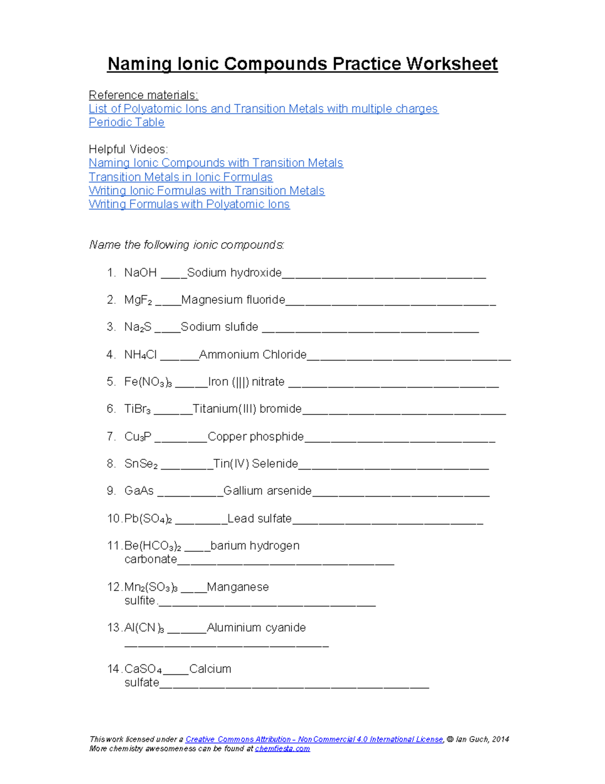 Naming Ionic Compounds Practice WS For Chemistry Course Studocu