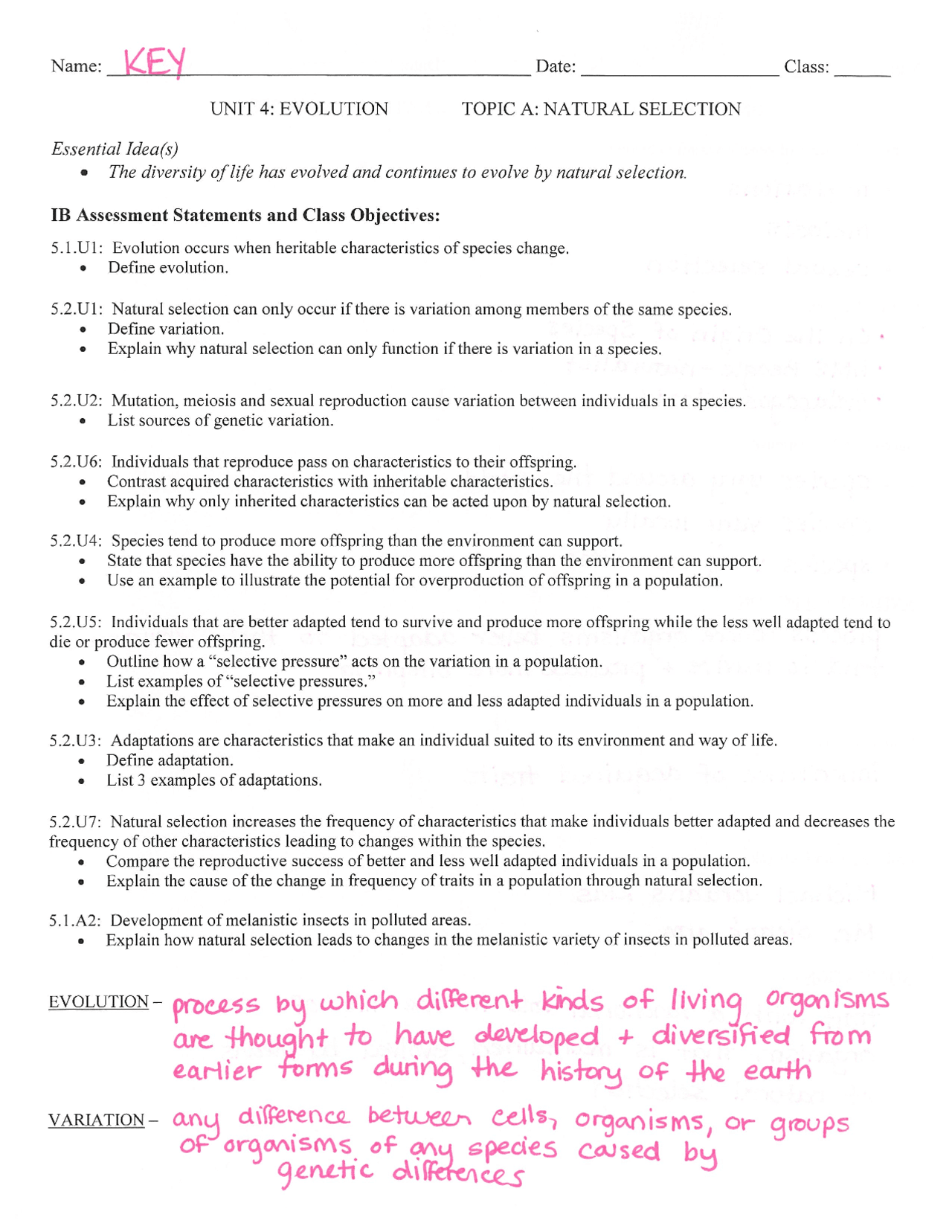 Natural Selection Worksheet Evolution Exercises Evolutionary Biology Docsity