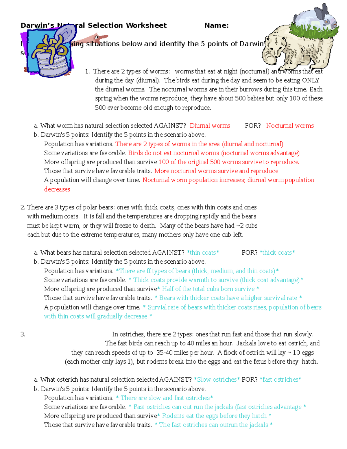 Natural Selection Worksheet Understanding Darwin s 5 Points Studocu