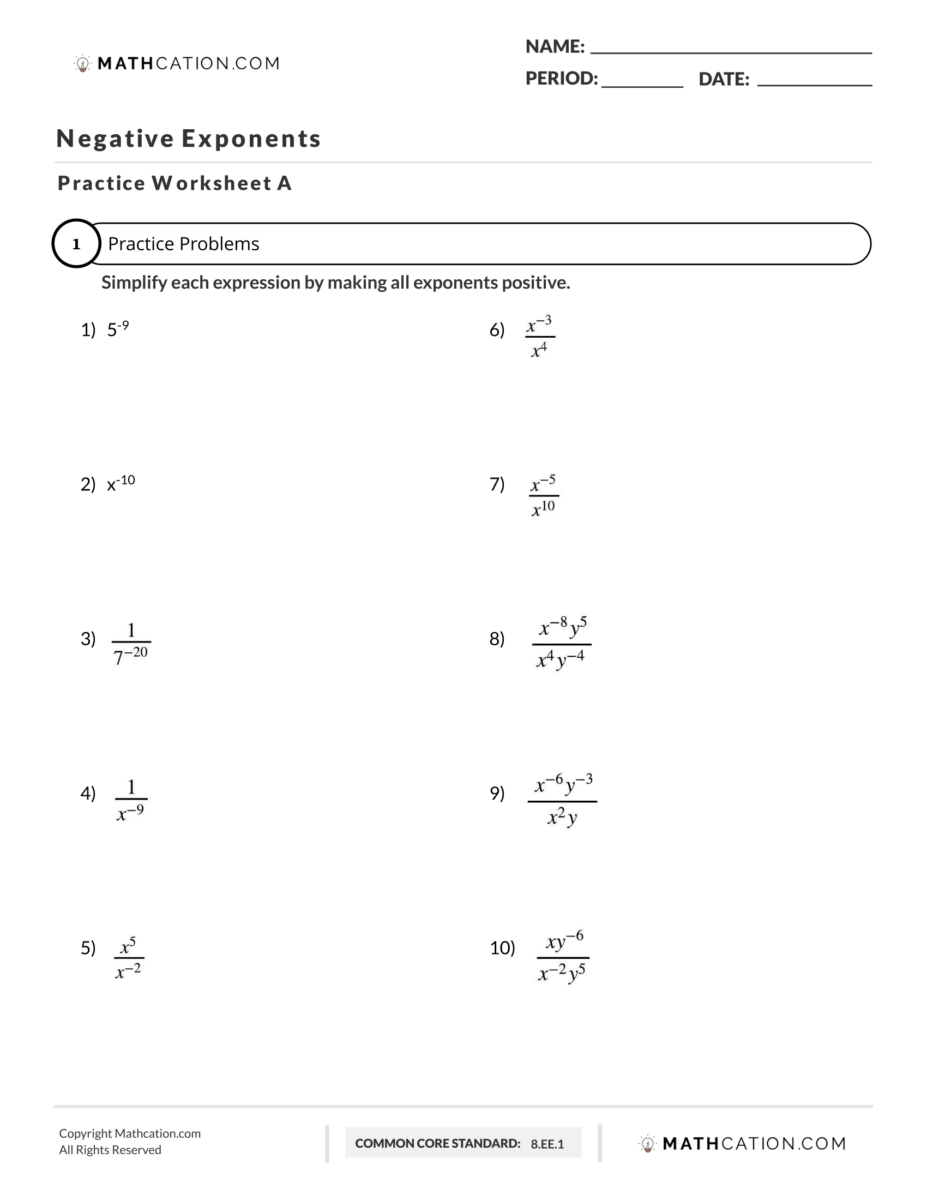 Negative Exponents Worksheet Rules And Examples
