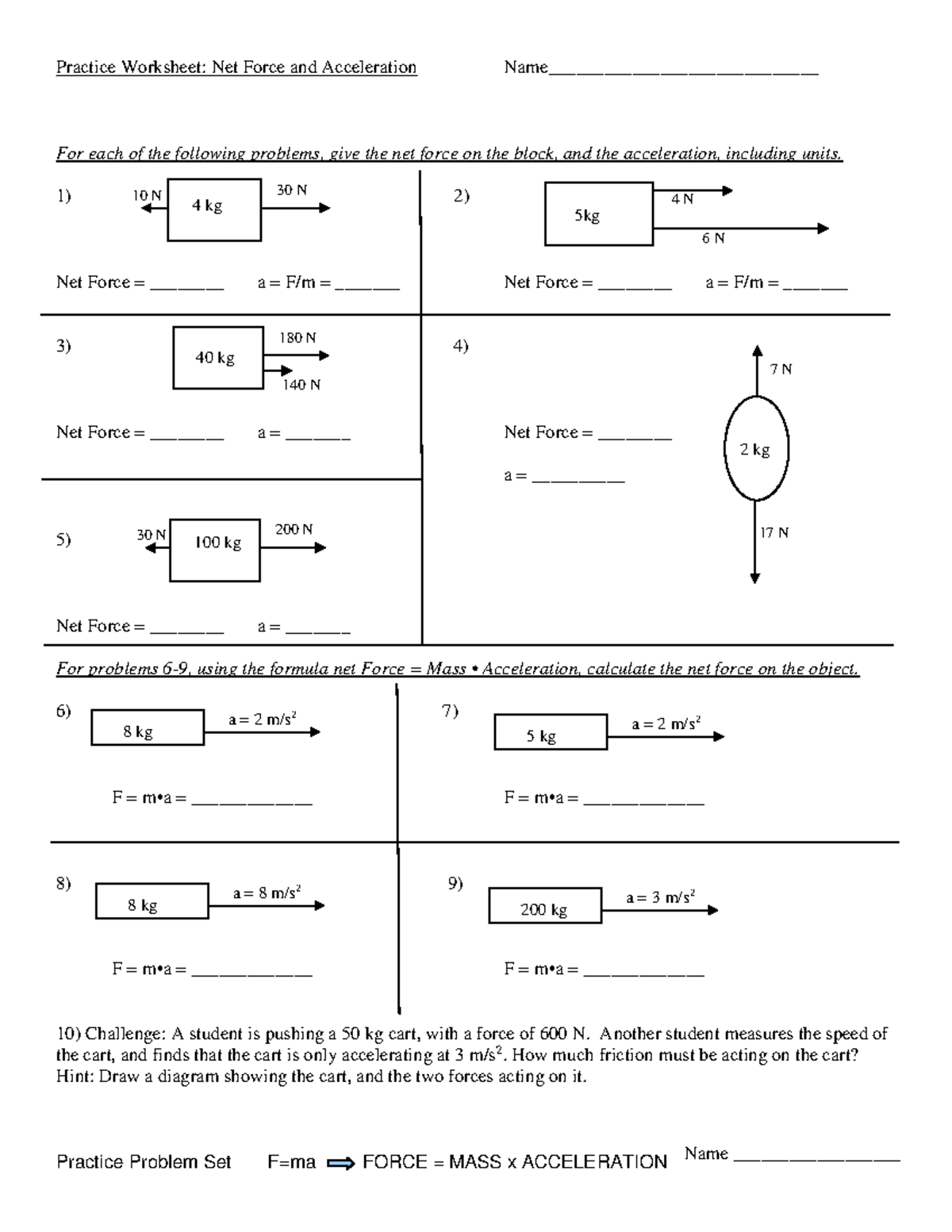 Net Force And Acceleration Worksheet Physics 101 Studocu