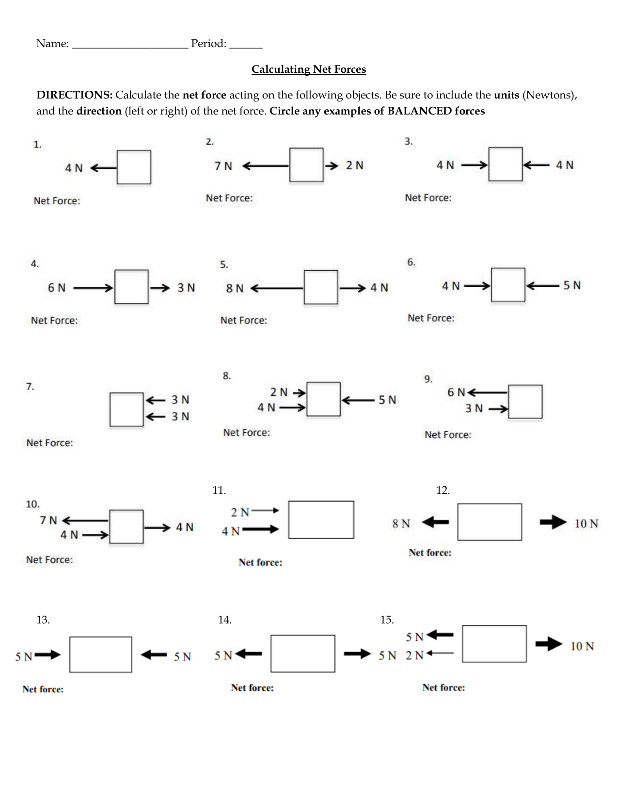 Net Force Calculation Worksheet Physics Practice