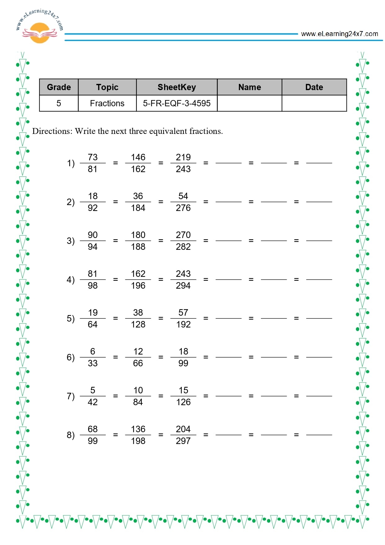 Next Three Equivalent Fractions Https eLearning24x7