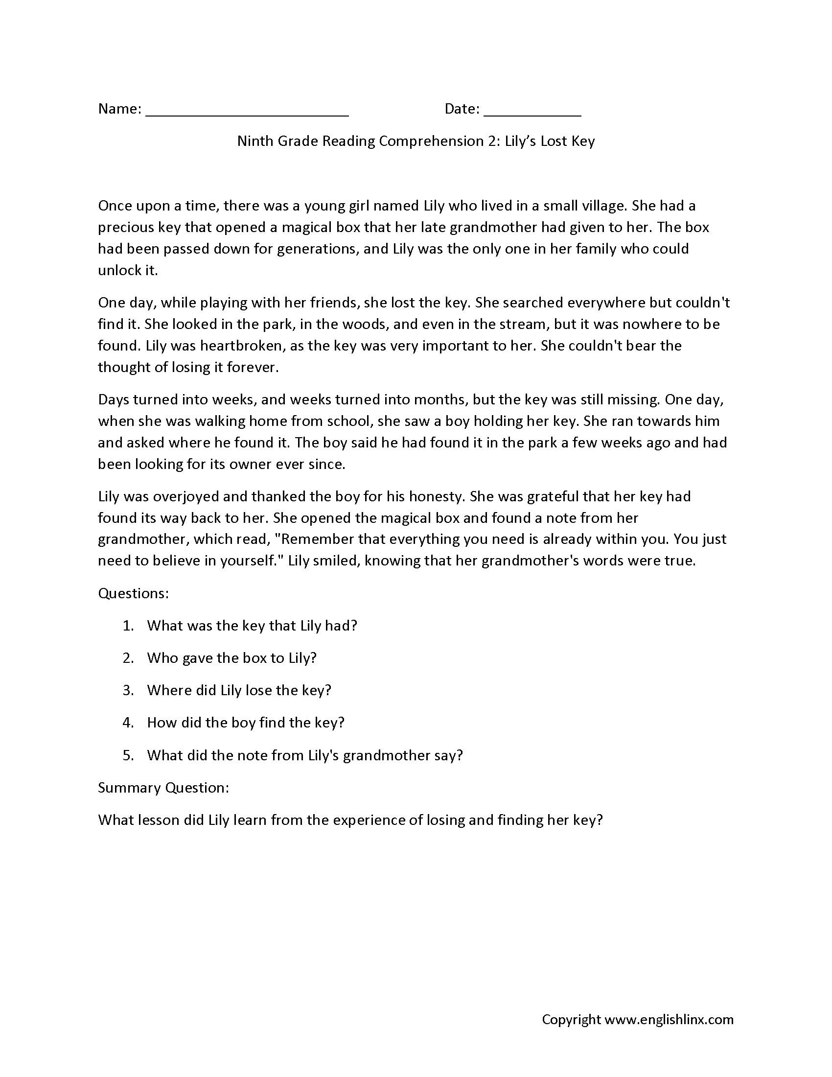Ninth Grade Reading Comprehension Worksheets Passages Question Sets