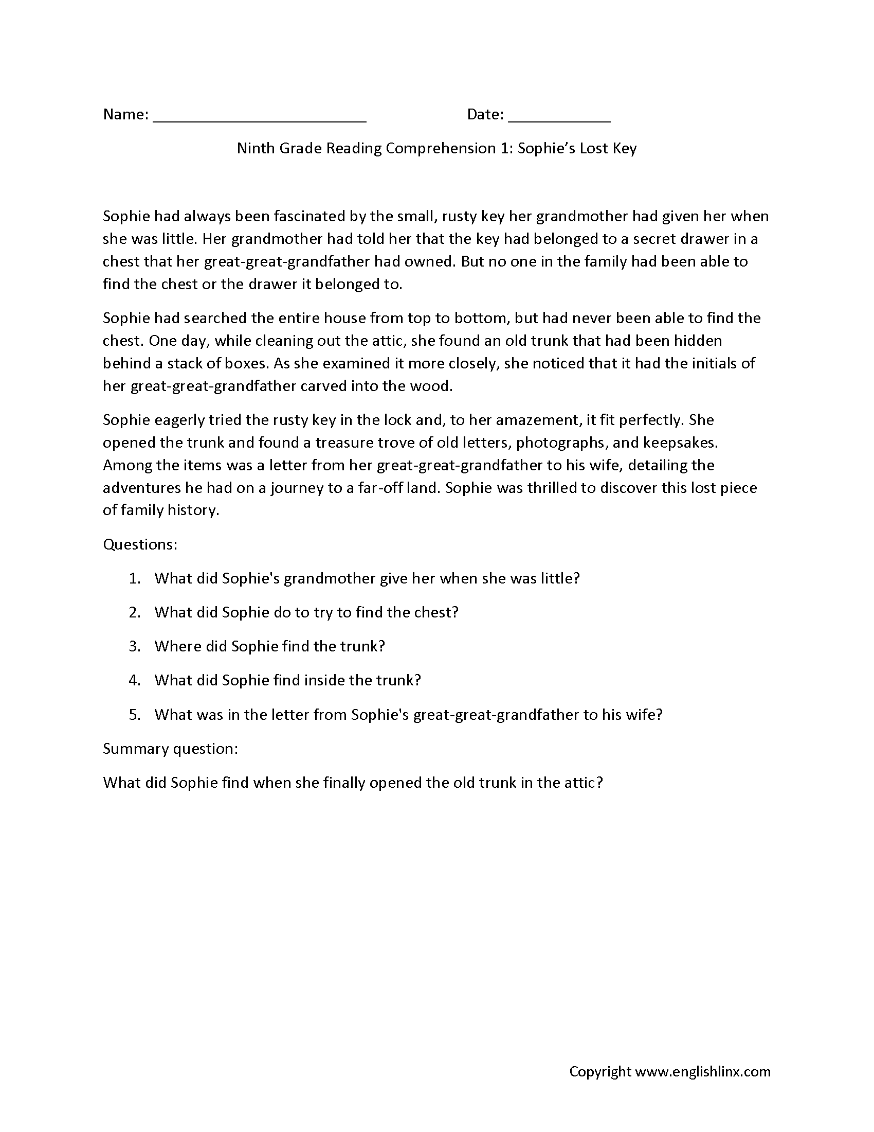 Ninth Grade Reading Comprehension Worksheets Passages Question Sets