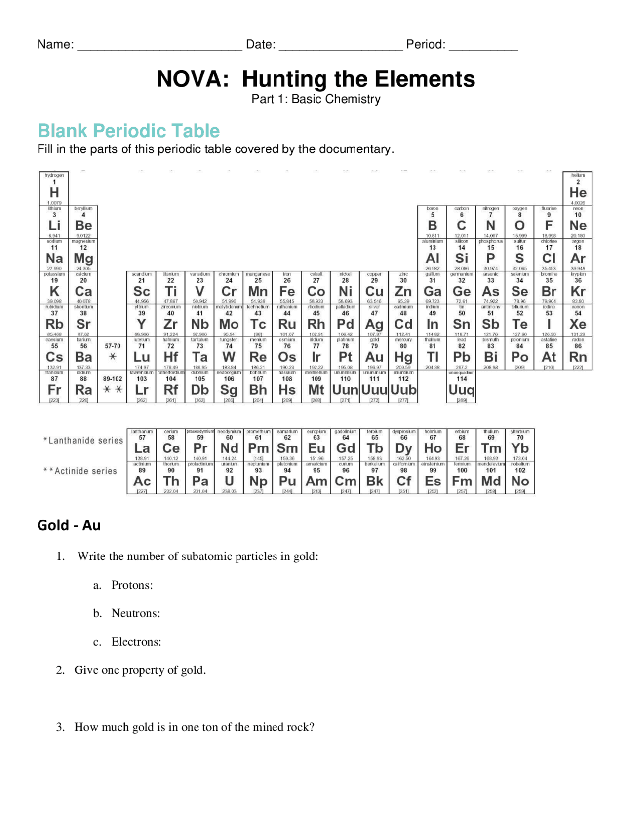 NOVA Hunting The Elements Chemistry Exercises And Questions Exercises Chemistry Docsity