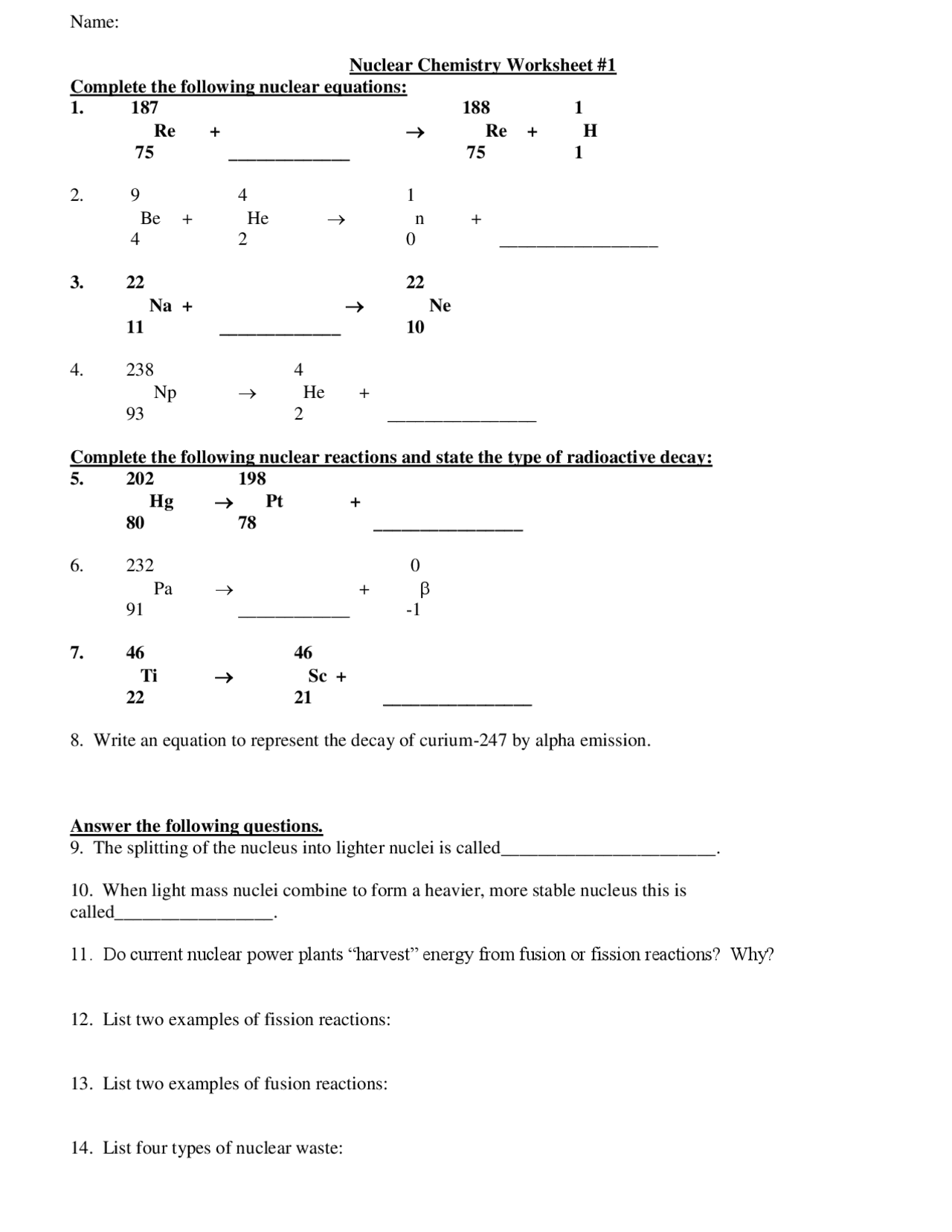 Nuclear Chemistry Worksheet 1 And 2 Exercises Nuclear Physics Docsity