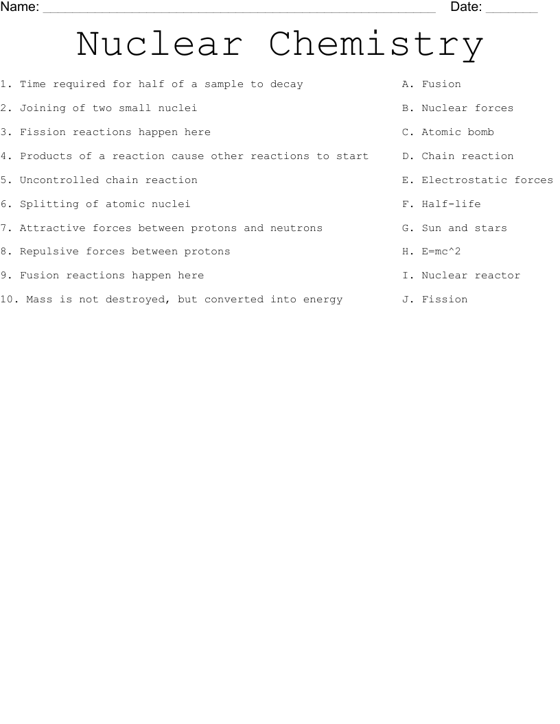 Nuclear Chemistry Worksheet WordMint