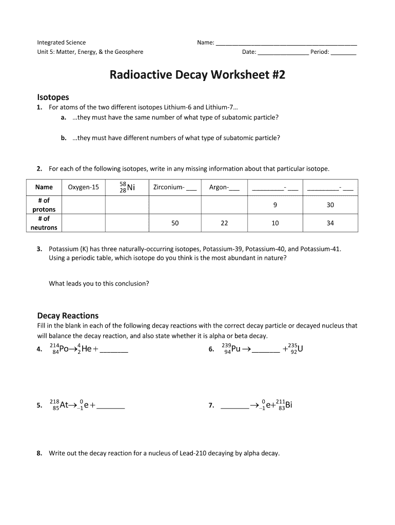 Nuclear Decay Worksheet Fill Out Sign Online DocHub