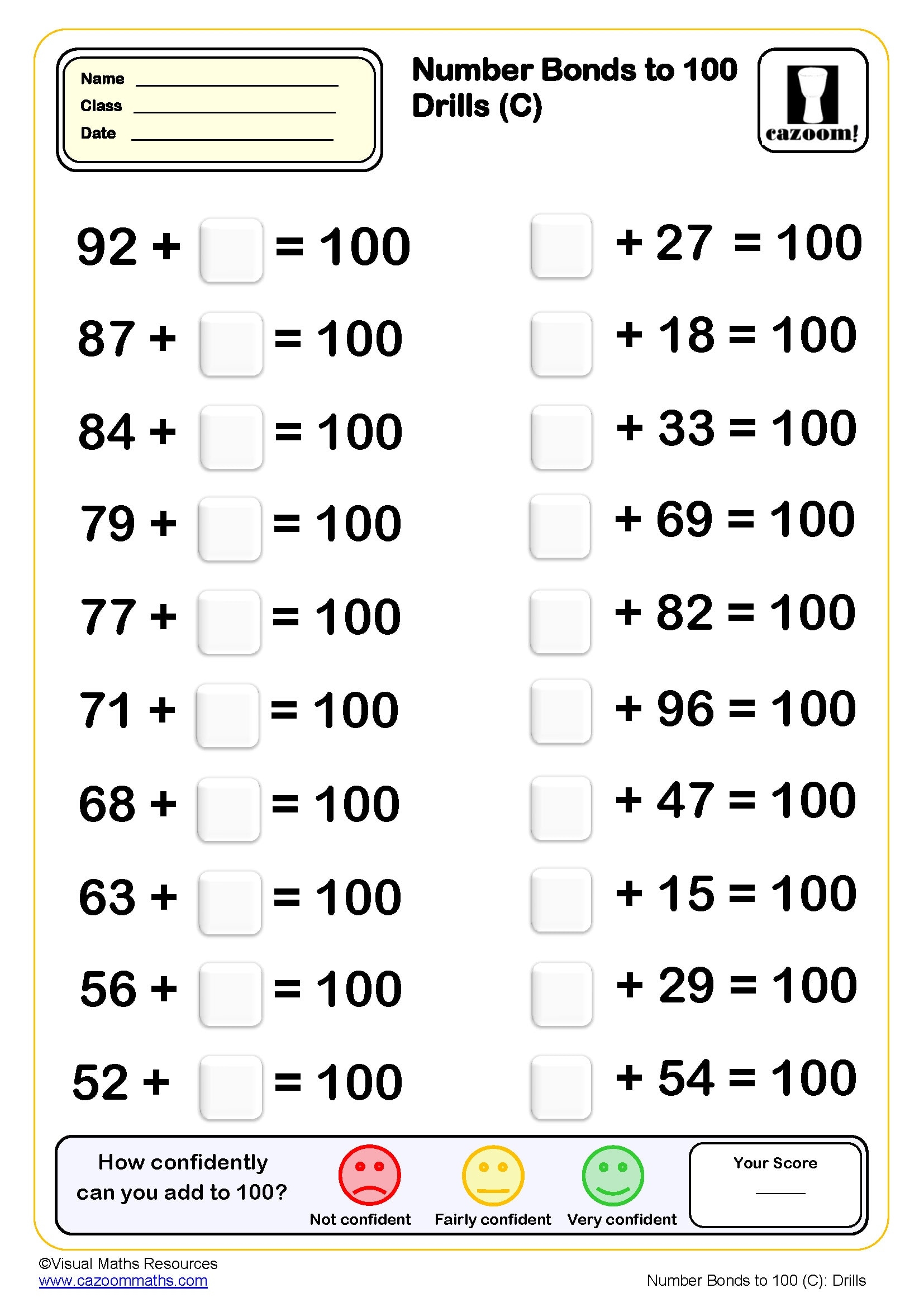 Number Bond To 100 Drills B Worksheet 20 Questions PDF Printable Addition Worksheets