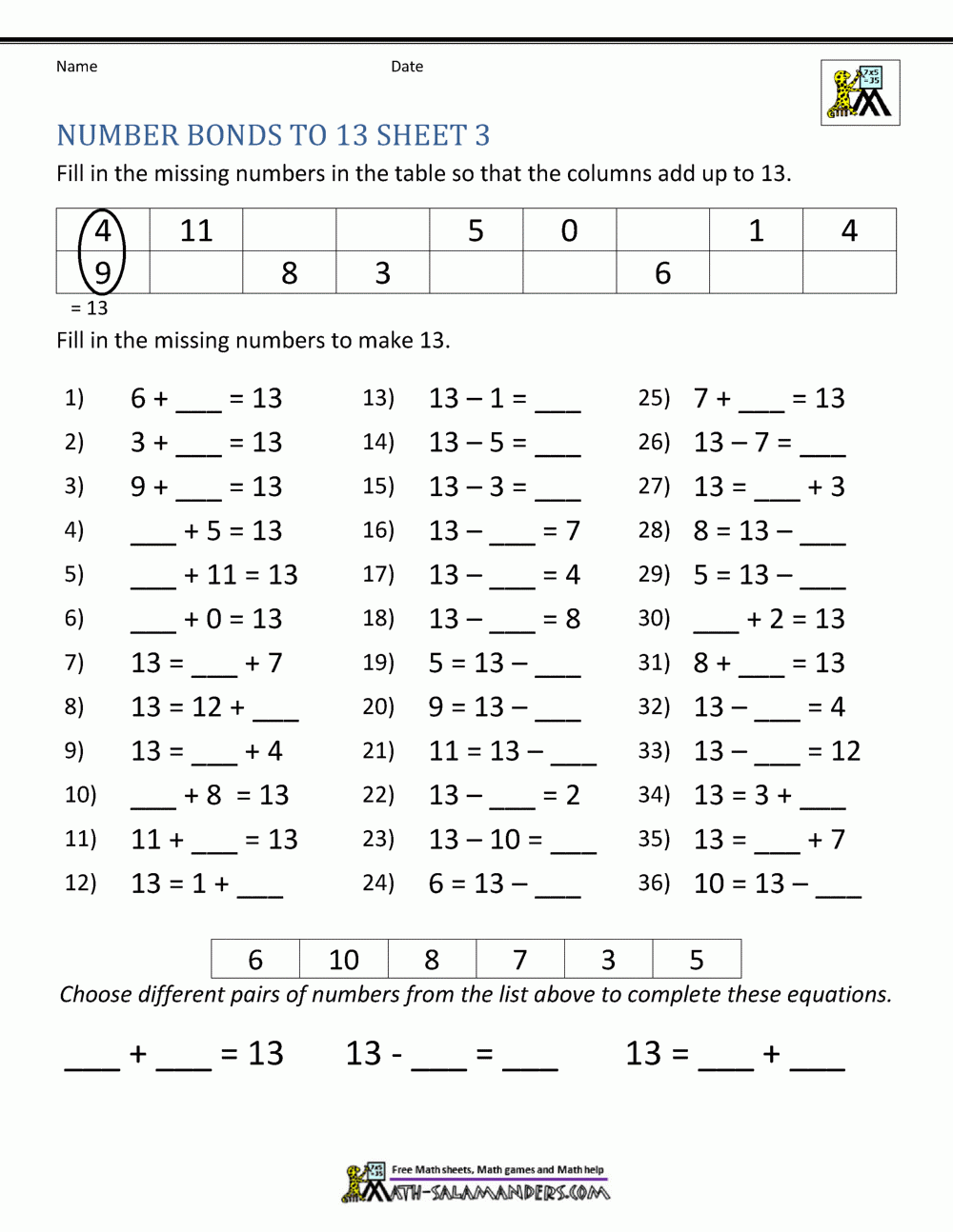 Number Bonds To 20 Worksheets