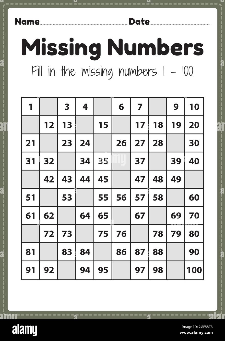 Number Worksheets Missing Numbers 1 To 100 Printable Sheet For Preschool And Kindergarten Kids Activity To Learn Basic Mathematics Skills Stock Vector Image Art Alamy