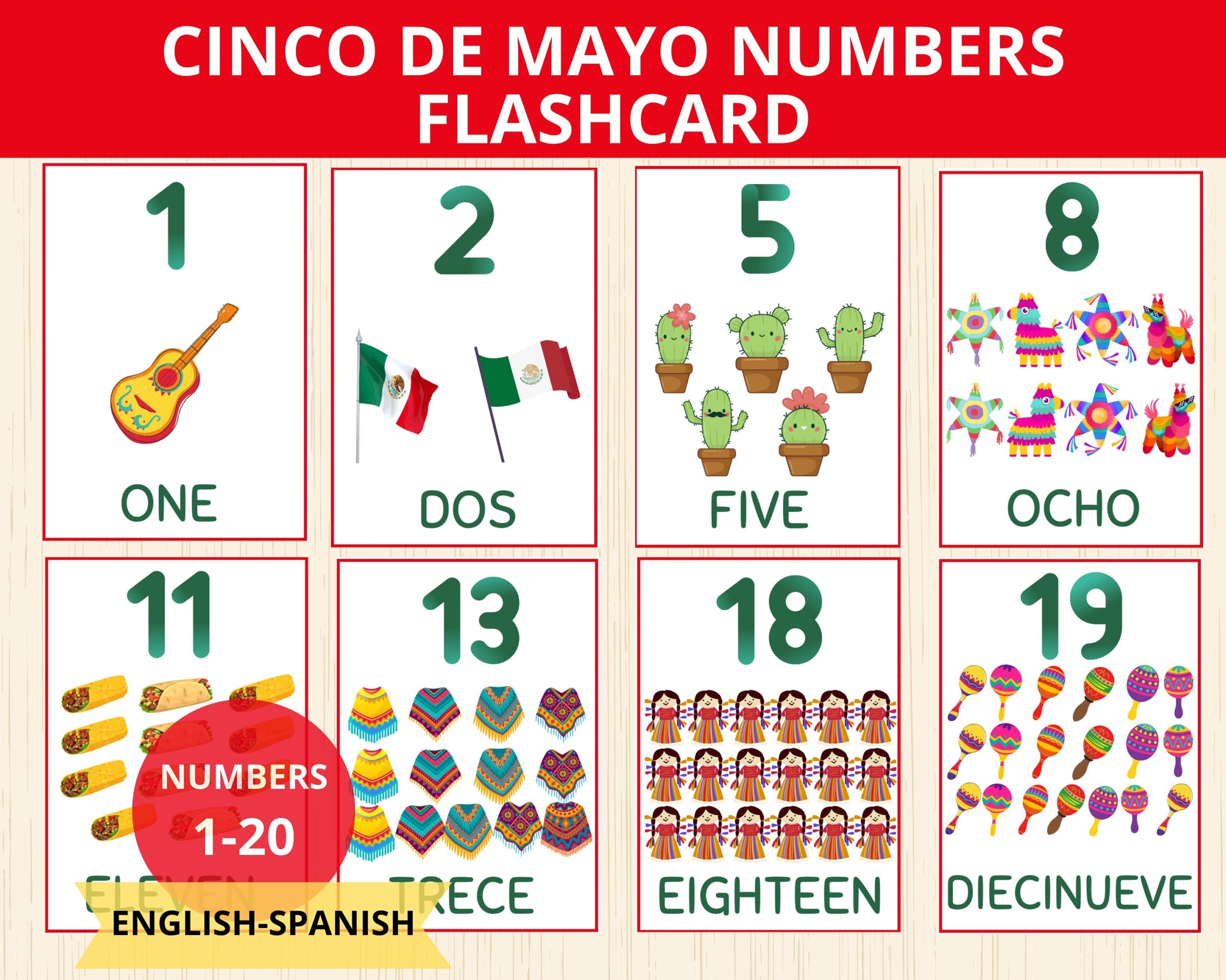 Numbers Bilingual Flashcards Spanish And English Early Learning number Cards 1 20 Printable Number Flash Card cinco De Mayo number Poster Etsy