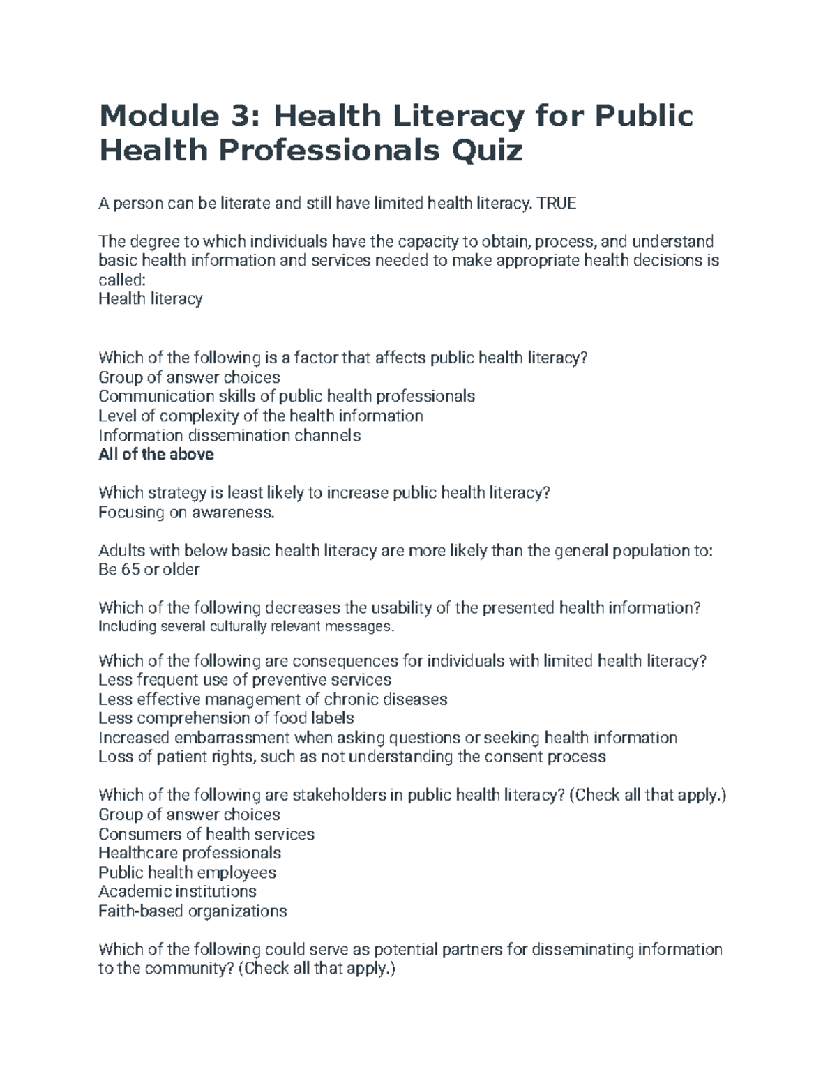 NUR440 Quiz Health Literacy For Public Health Professionals Studocu