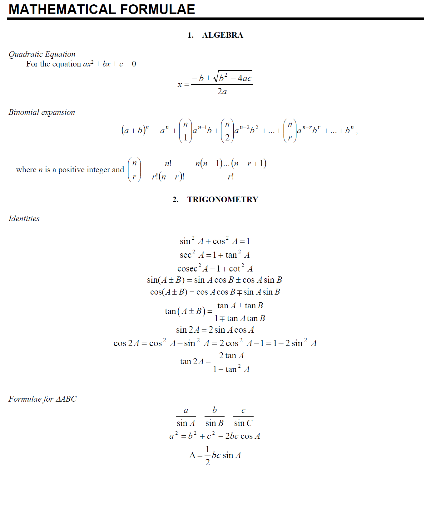 O Level Additional Maths Formula Sheet 4049 