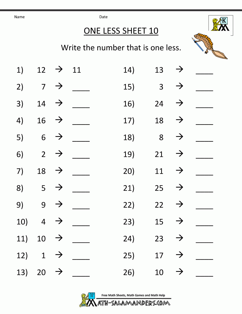 One Less Worksheet