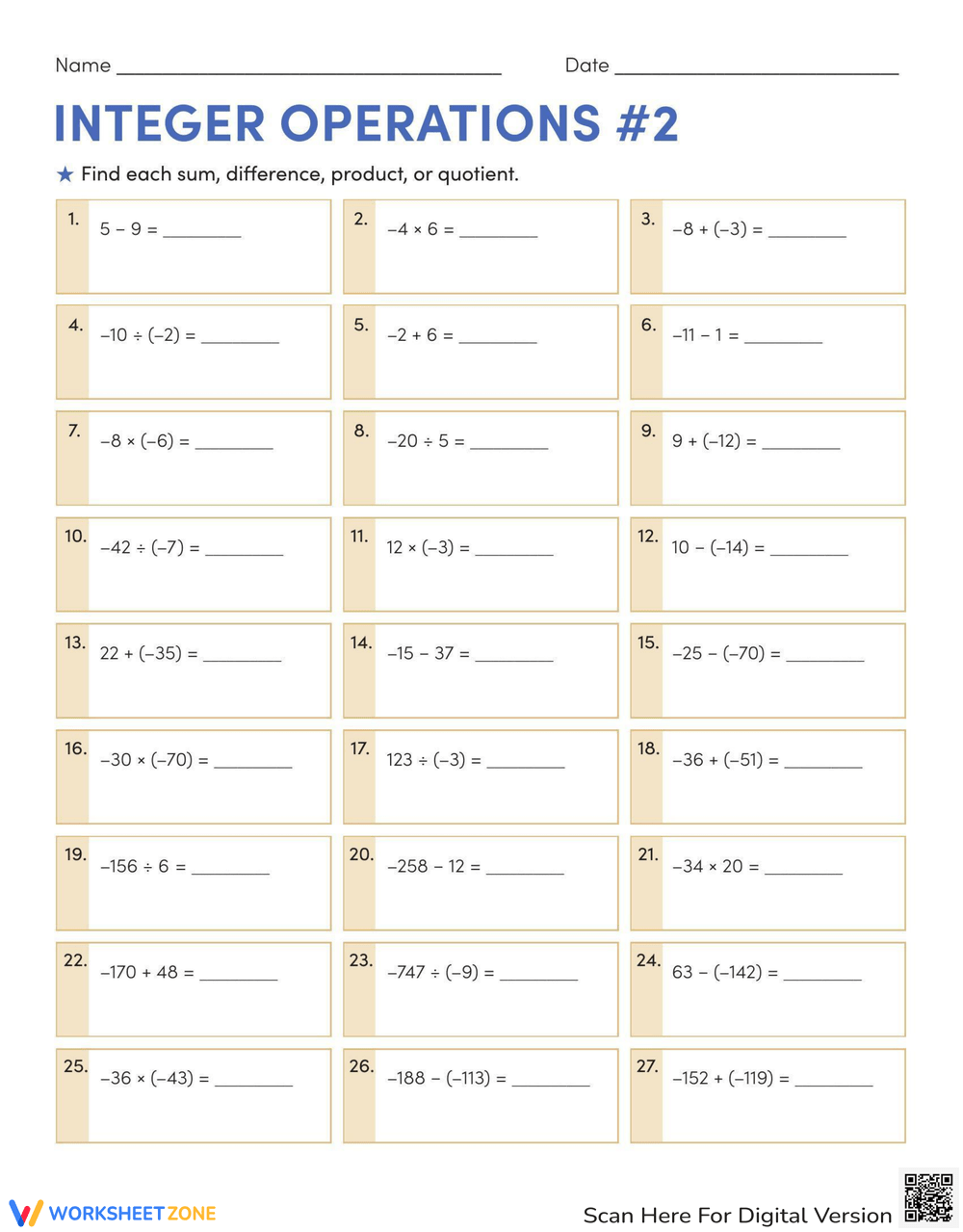 Operations With Integers Worksheets Printable Operations With Integers Worksheets Printable
