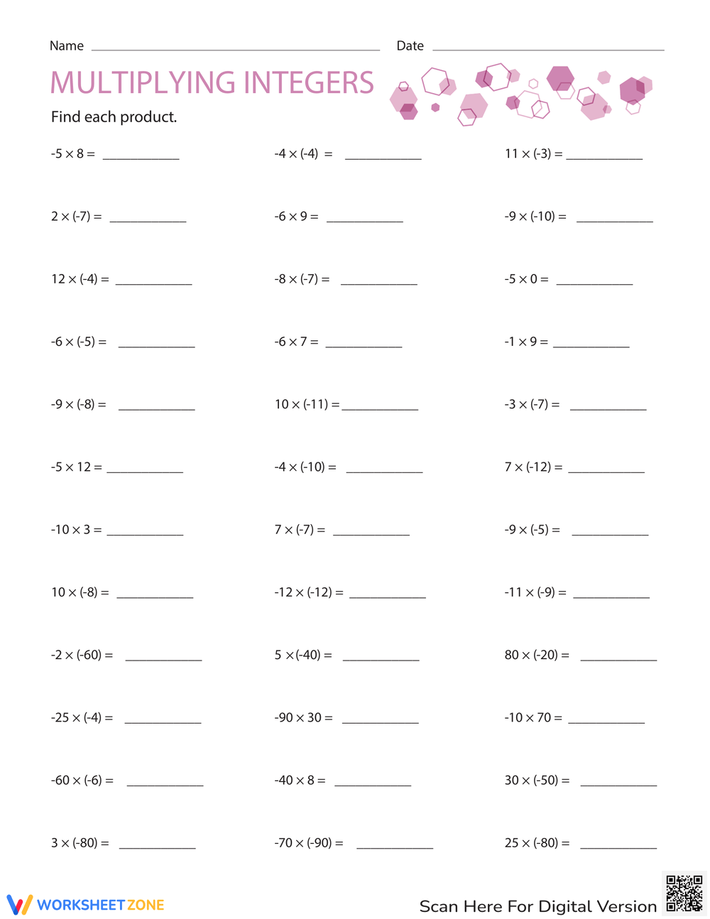Operations With Integers Worksheets Printable