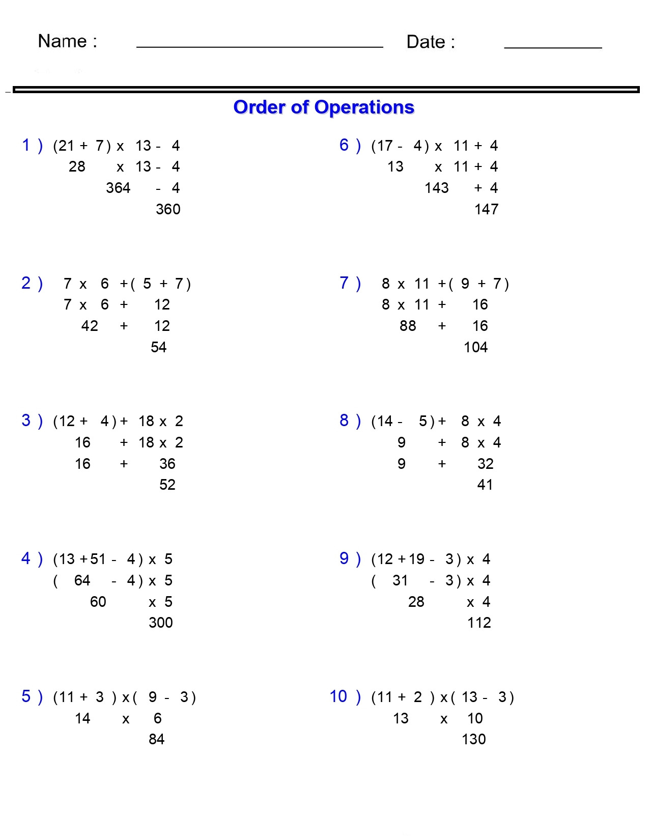 Order Of Operations Without Division Worksheets Basic With Parentheses Made By Teachers
