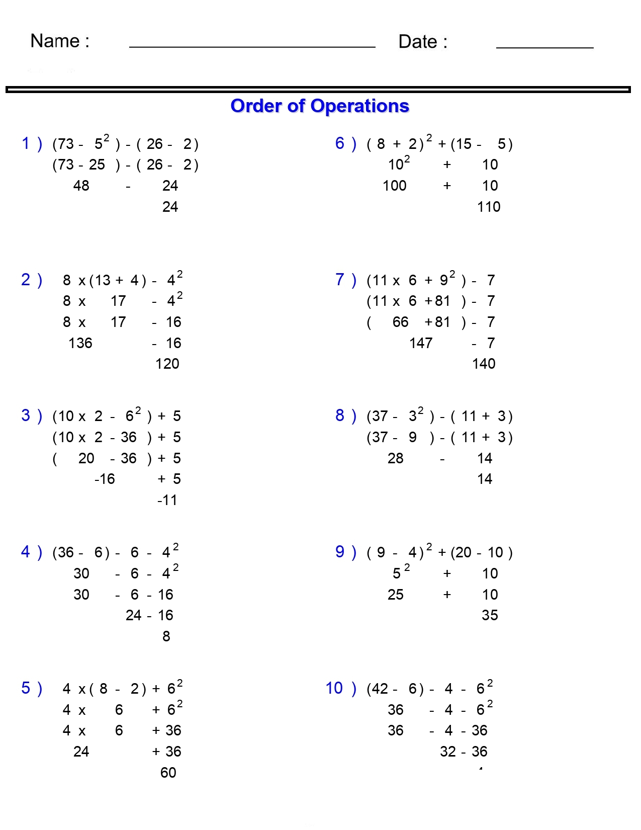 Order Of Operations Without Division Worksheets With Parentheses And Exponents Made By Teachers Order Of Operations Without Division Worksheets With Parentheses And Exponents Made By Teachers