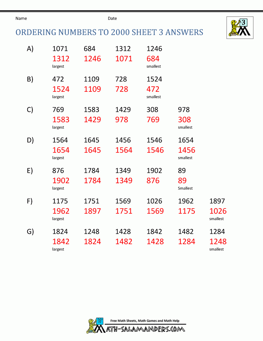 Ordering 4 Digit Numbers Worksheets 3rd Grade