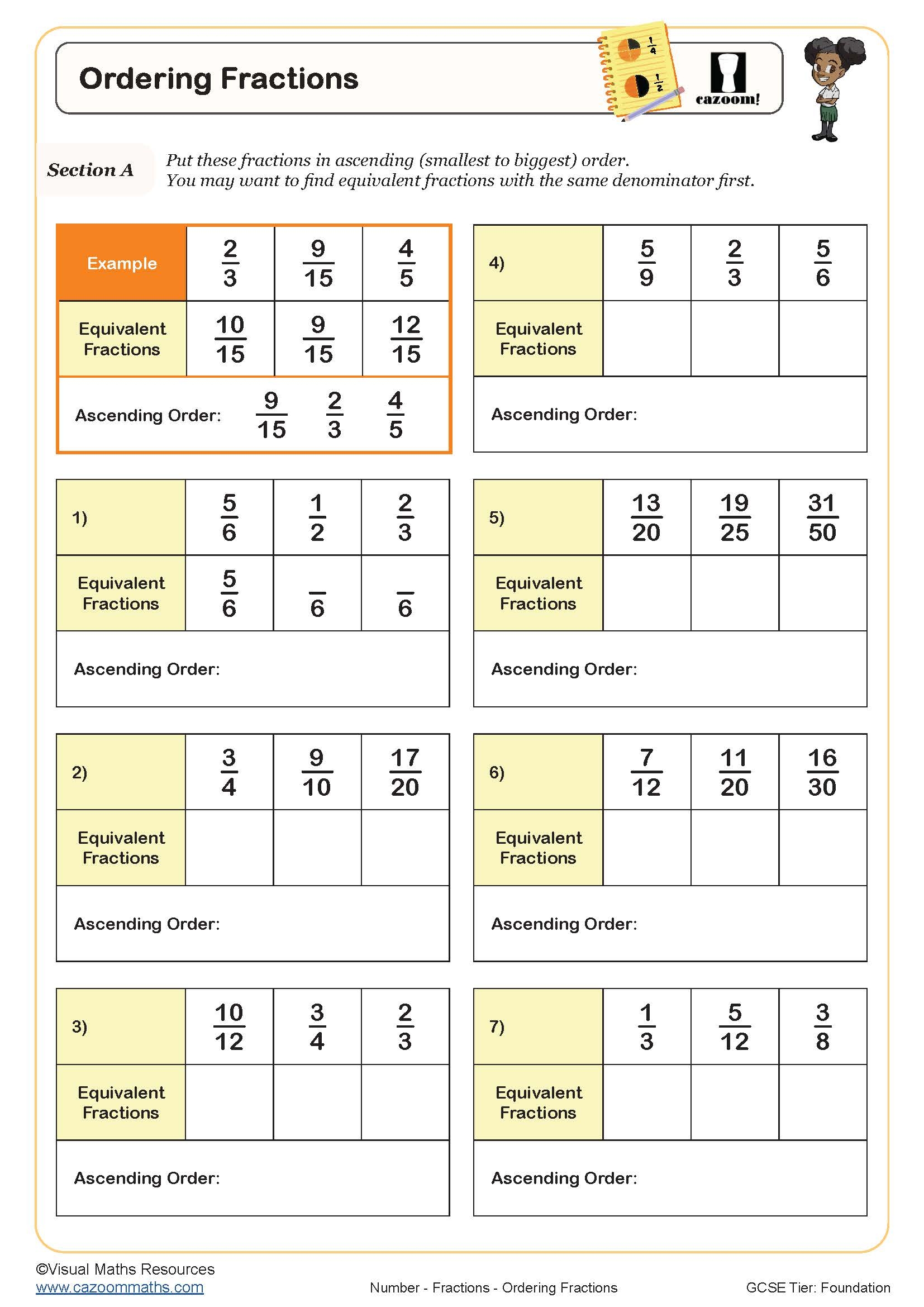 Ordering Fractions Worksheet Printable Maths Worksheets