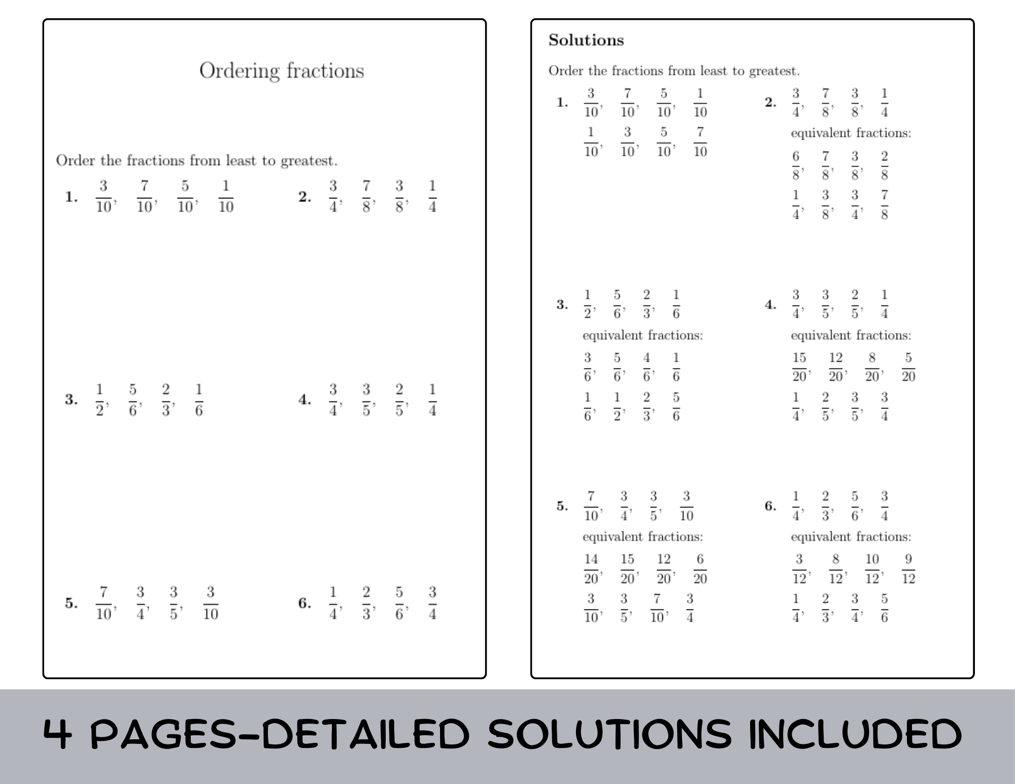 Ordering Fractions Worksheet with Solutions Teaching Resources