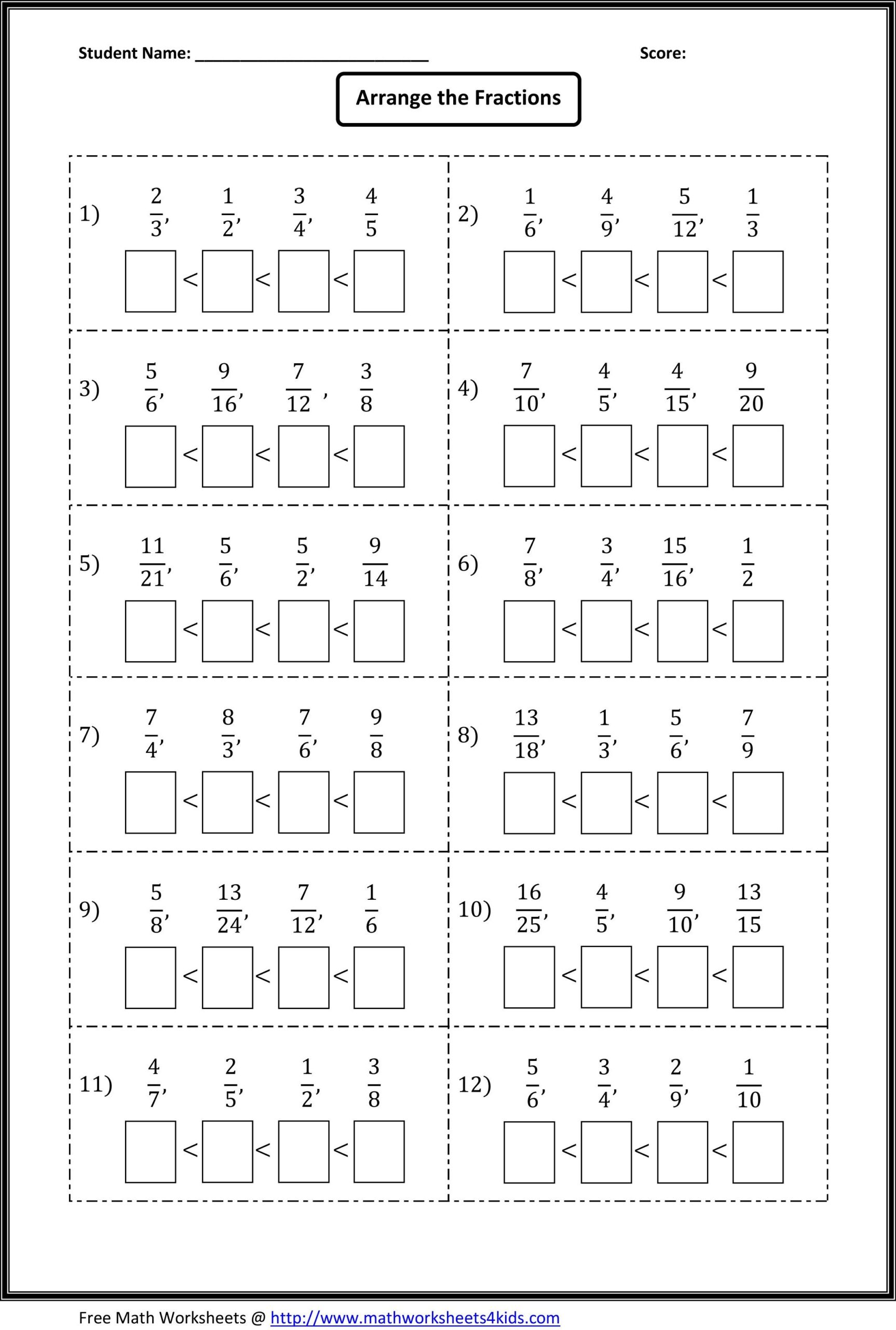 Ordering Fractions Worksheets