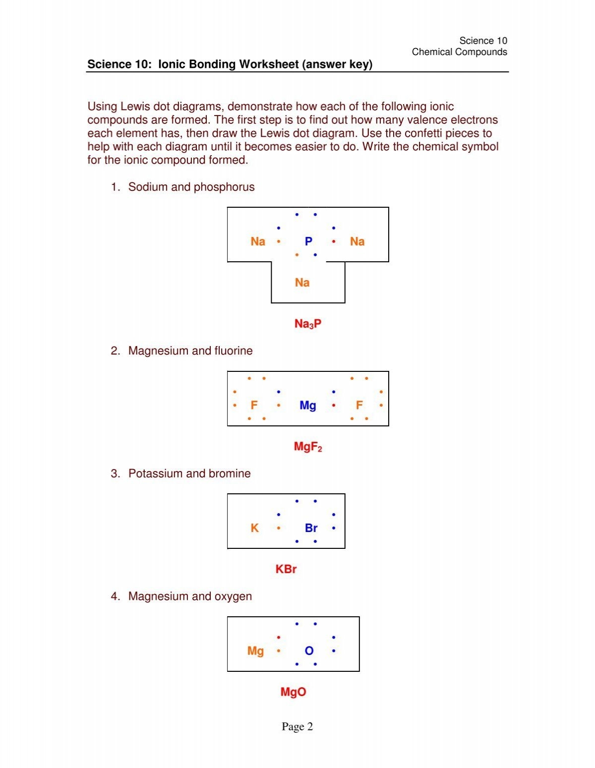 Page 2 Science 10 Ionic Bonding Worksheet answer Key Using 